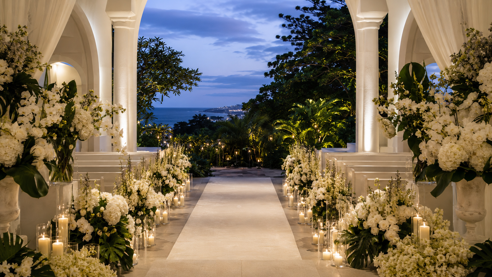 A candlelit Durban ceremony aisle framed by white flowers and ocean views