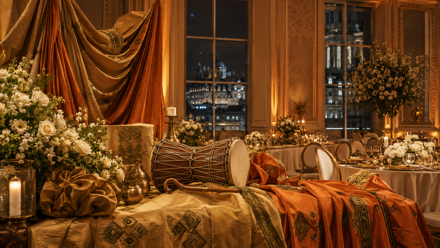 A London thanksgiving reception with warm candlelight, white florals, and ceremonial textiles